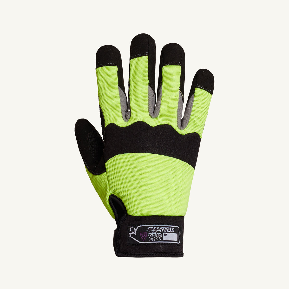 Hi-viz mechanics gloves by Superior Glove, MXHV2PB/XL model, with puncture-resistant palm and back, ASTM C4/P5 rated safety features.