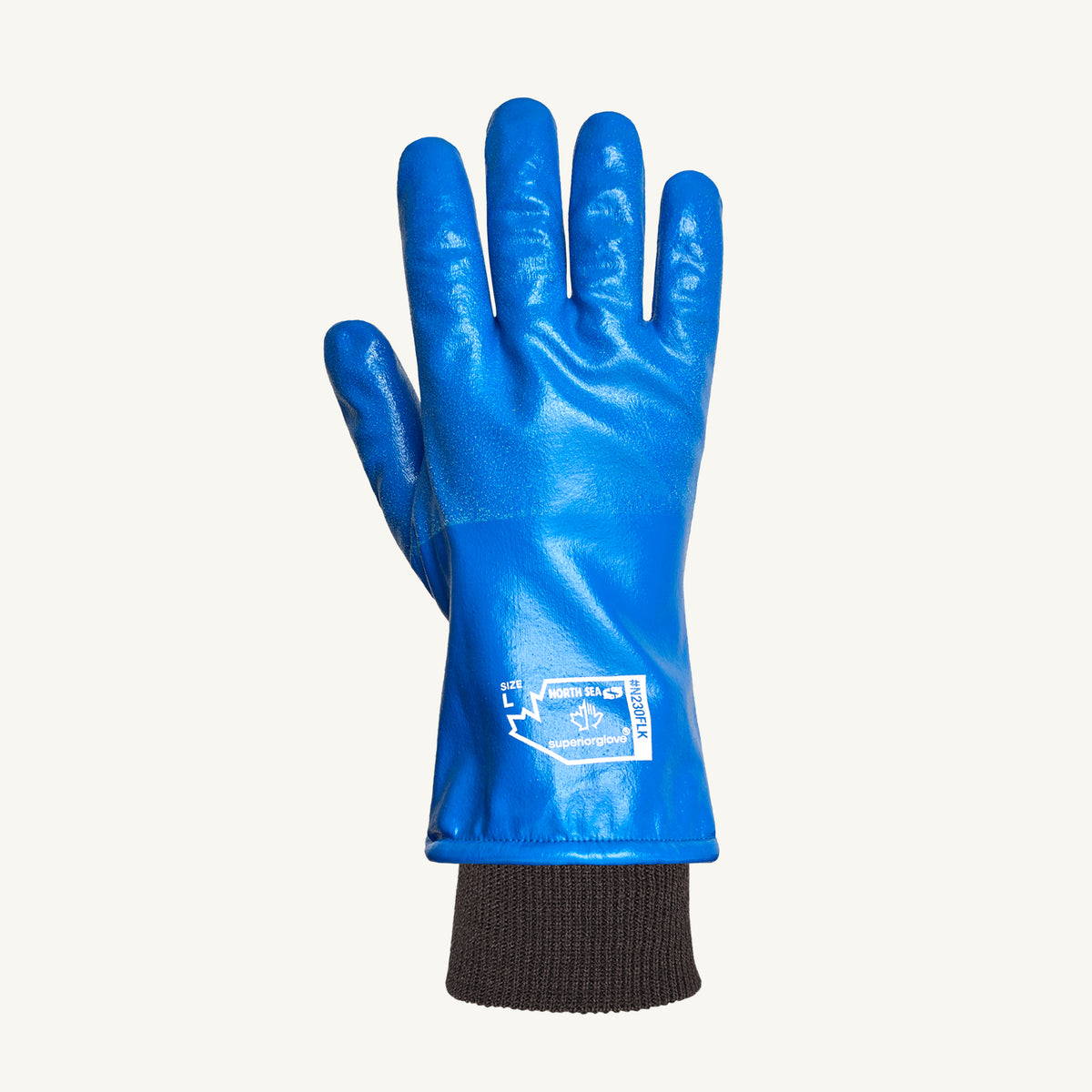 Superior Glove North Sea nitrile coated glove with fleece lining, knitwrist, cold and oil resistant, offering excellent grip.