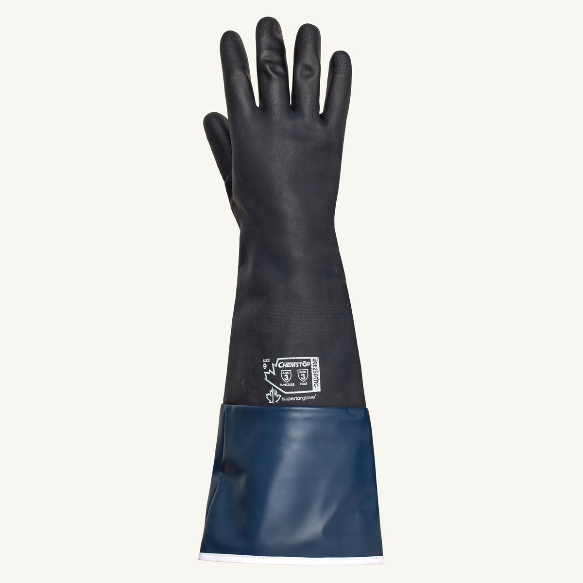 Superior Glove Chemstop neoprene heavy-duty fryer’s glove with Terry lining, 15-inch length and blue cuff for protection.