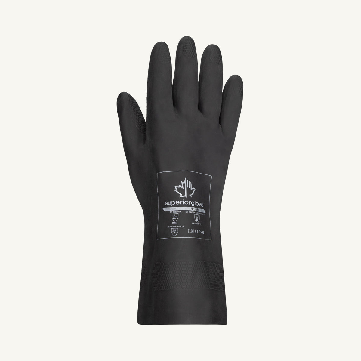 Black Superior Glove NE3030-7 Chemstop flock-lined neoprene glove, 30mil thickness, 12-inch length, shown from the top view.