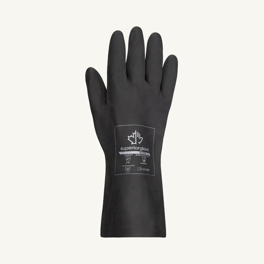 Black Superior Glove NE3030-8 Chemstop flock-lined neoprene glove, 12-inch length, 30 mil thickness, shown from the top view.