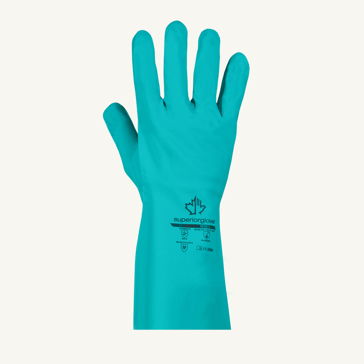 Superior Glove Chemstop unlined green nitrile glove, 12-inch, 11 mil thickness, Cfia approved, shown on a hand.