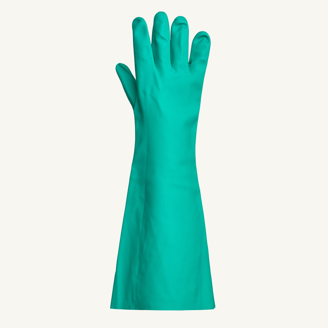Superior Glove Chemstop unlined green nitrile glove with 19-inch length and 22 mil thickness, CFIA approved, shown in image.