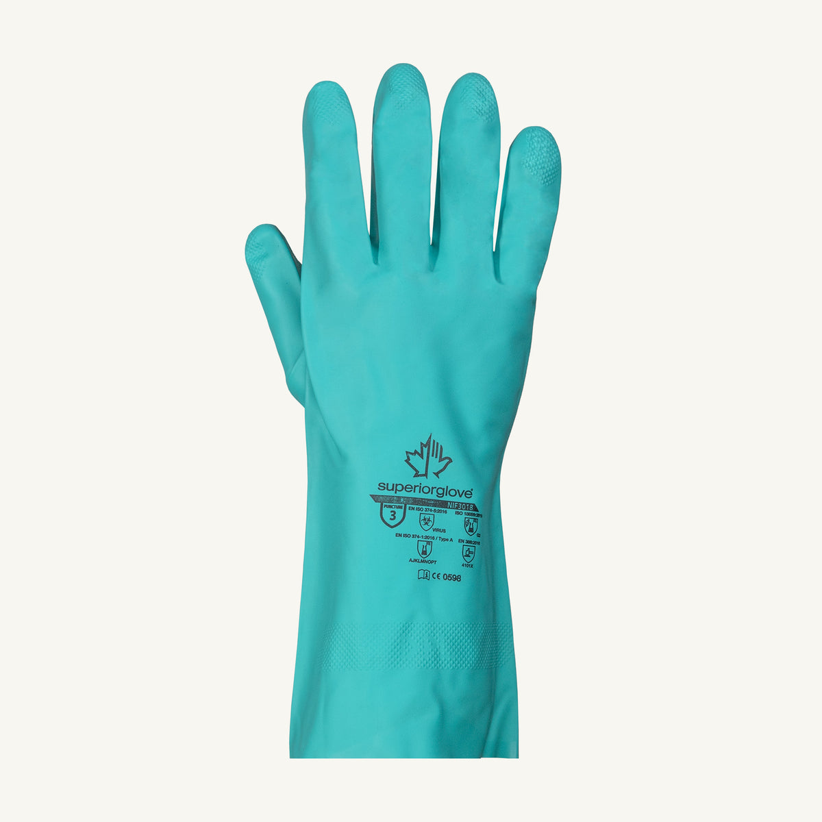 Superior Glove Chemstop flock-lined green nitrile glove, 13-inch, 15-mil thick, Cfia approved, shown in the image.