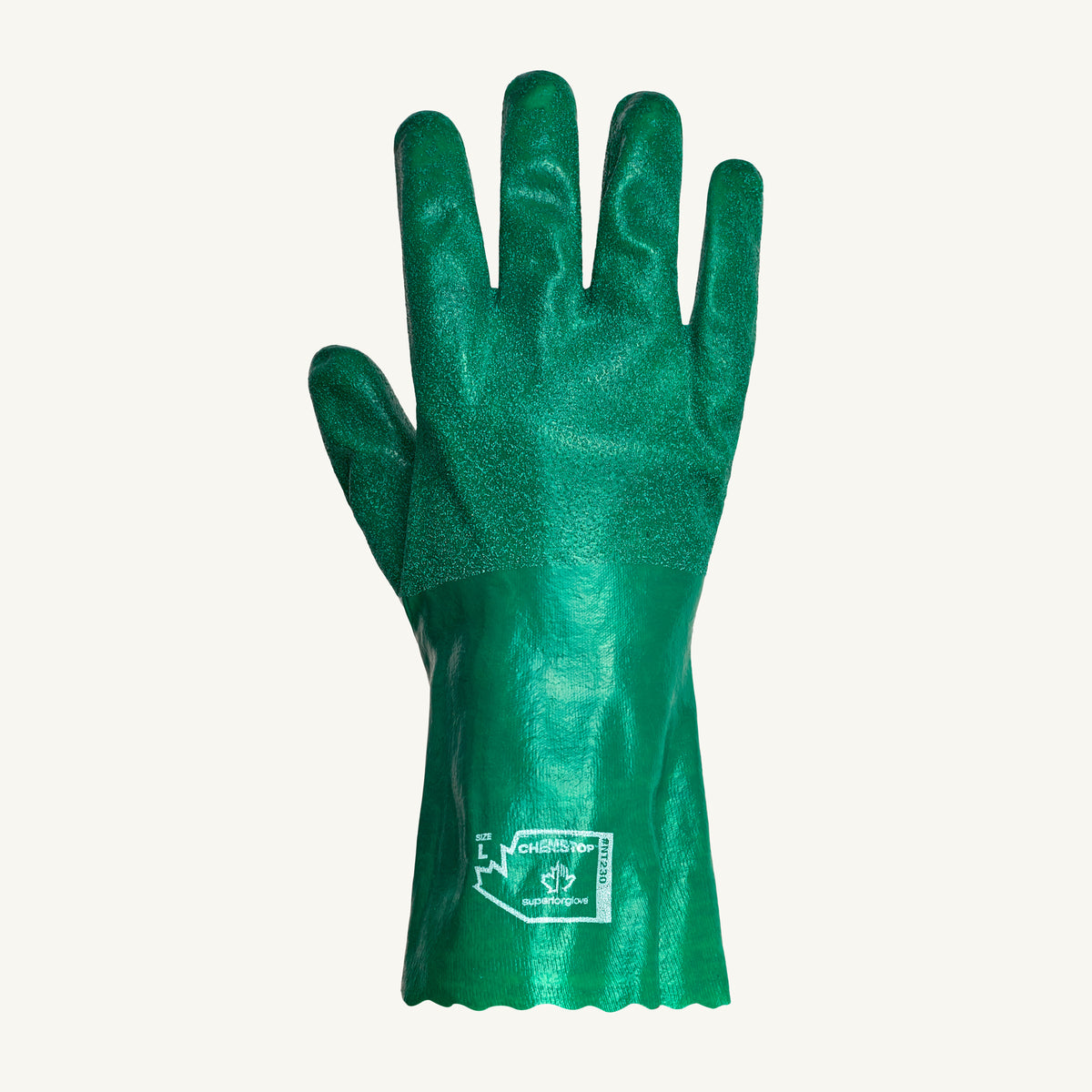 Green Superior Glove NT230S nitrile glove with porcelain powder grip knit lining, 12-inch length, shown from top view.