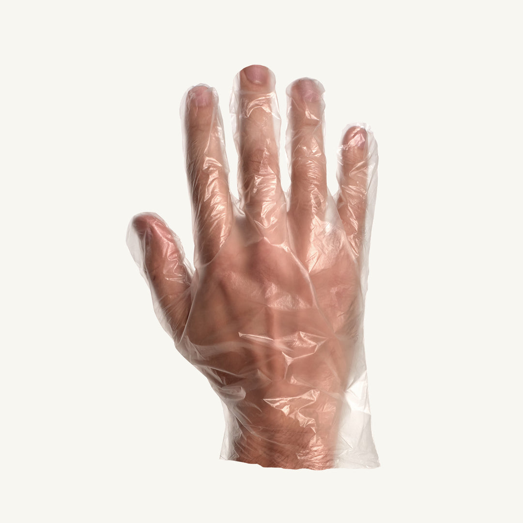 Superior Glove Keepkleen Poly Disposable Glove 2 Mil Cfia Approved, shown in box of 500 gloves with blue color and rolled cuffs.