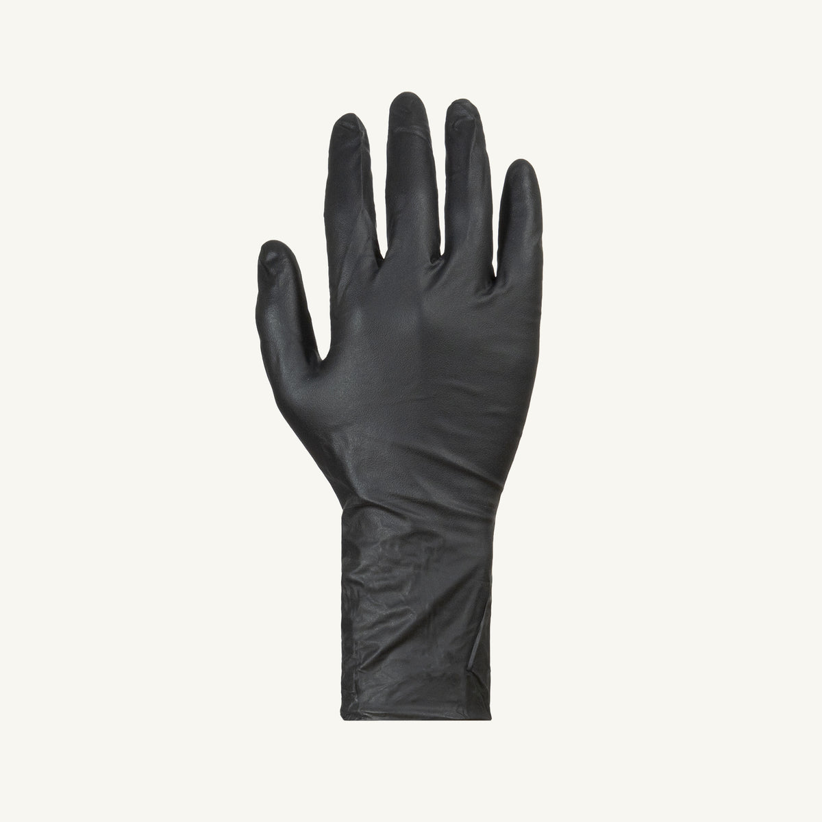 Black 8 mil nitrile glove by Superior Glove, powder-free, 12-inch length, shown in box with 50 gloves.