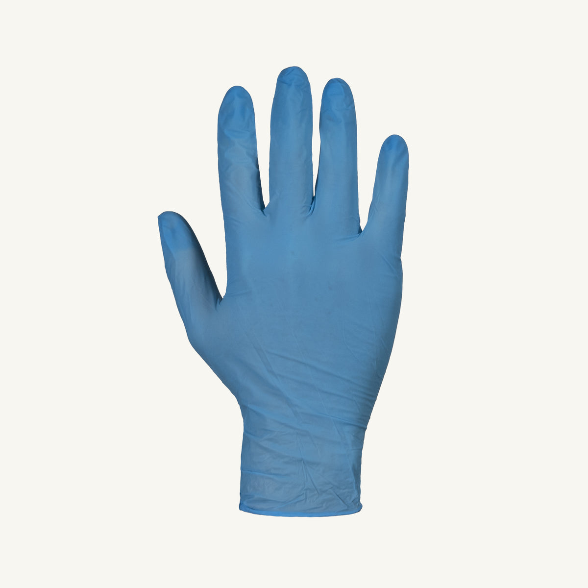 Blue nitrile glove from Superior Glove, powder-free, medical grade, 4 mil thick, CFIA approved, shown in box with gloves stacked.
