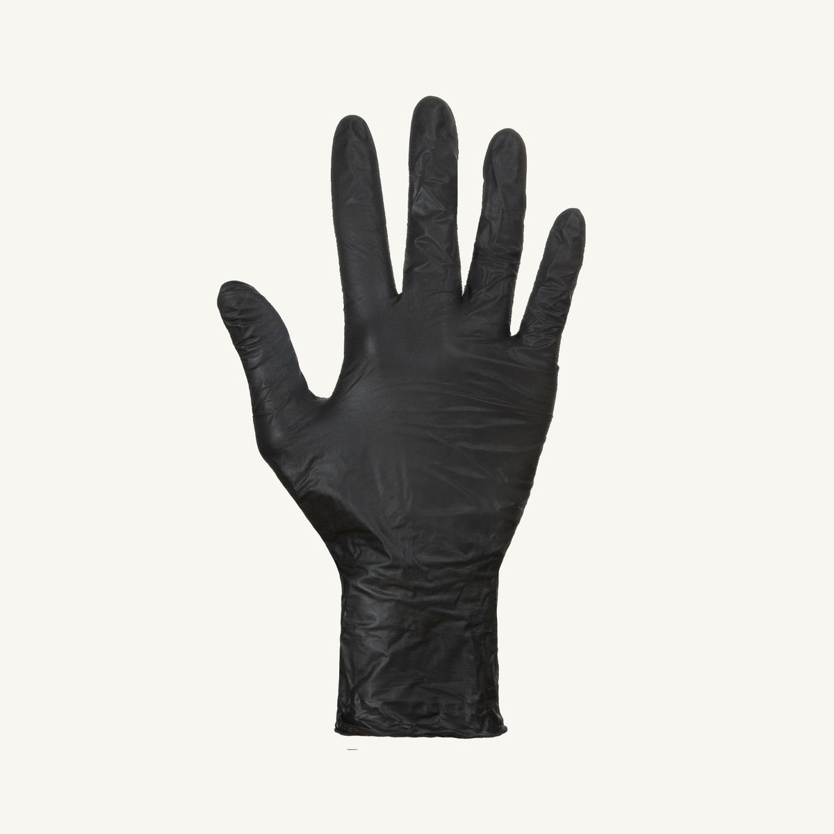 Black nitrile glove from Superior Glove, ultra-thin, powder-free, 3.5 mil thickness, shown with the glove palm side up.