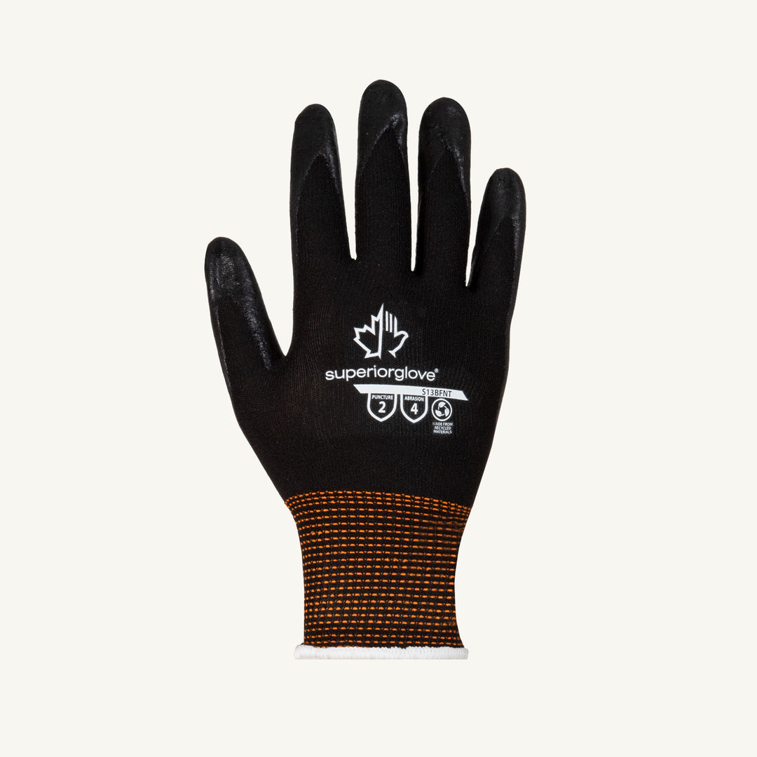Black nylon seamless glove with foam nitrile coated palm, designed for dexterity and grip by Superior Glove.