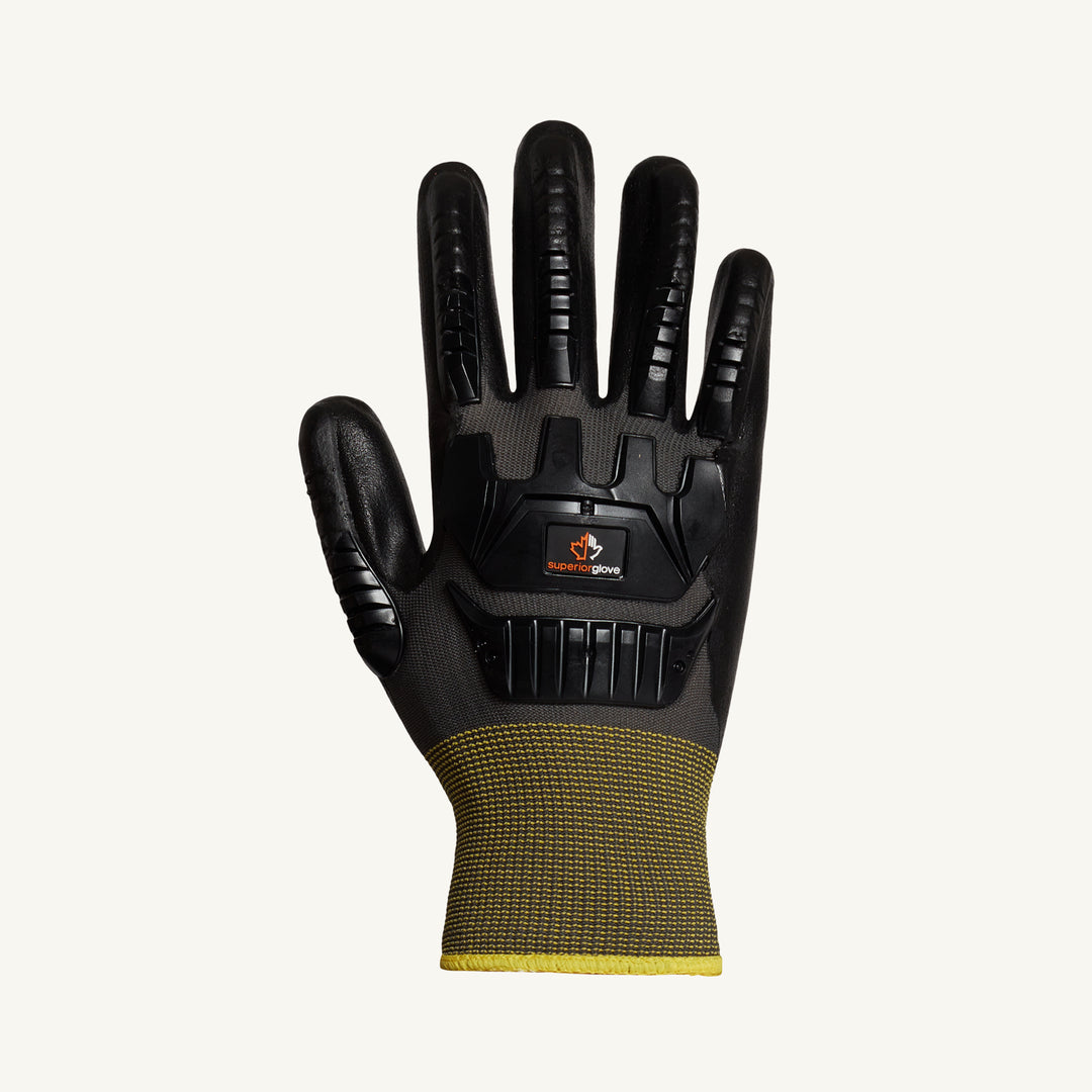 Black nylon gloves by Superior Glove with foam nitrile palm and anti-impact TPR back for dexterity and protection.