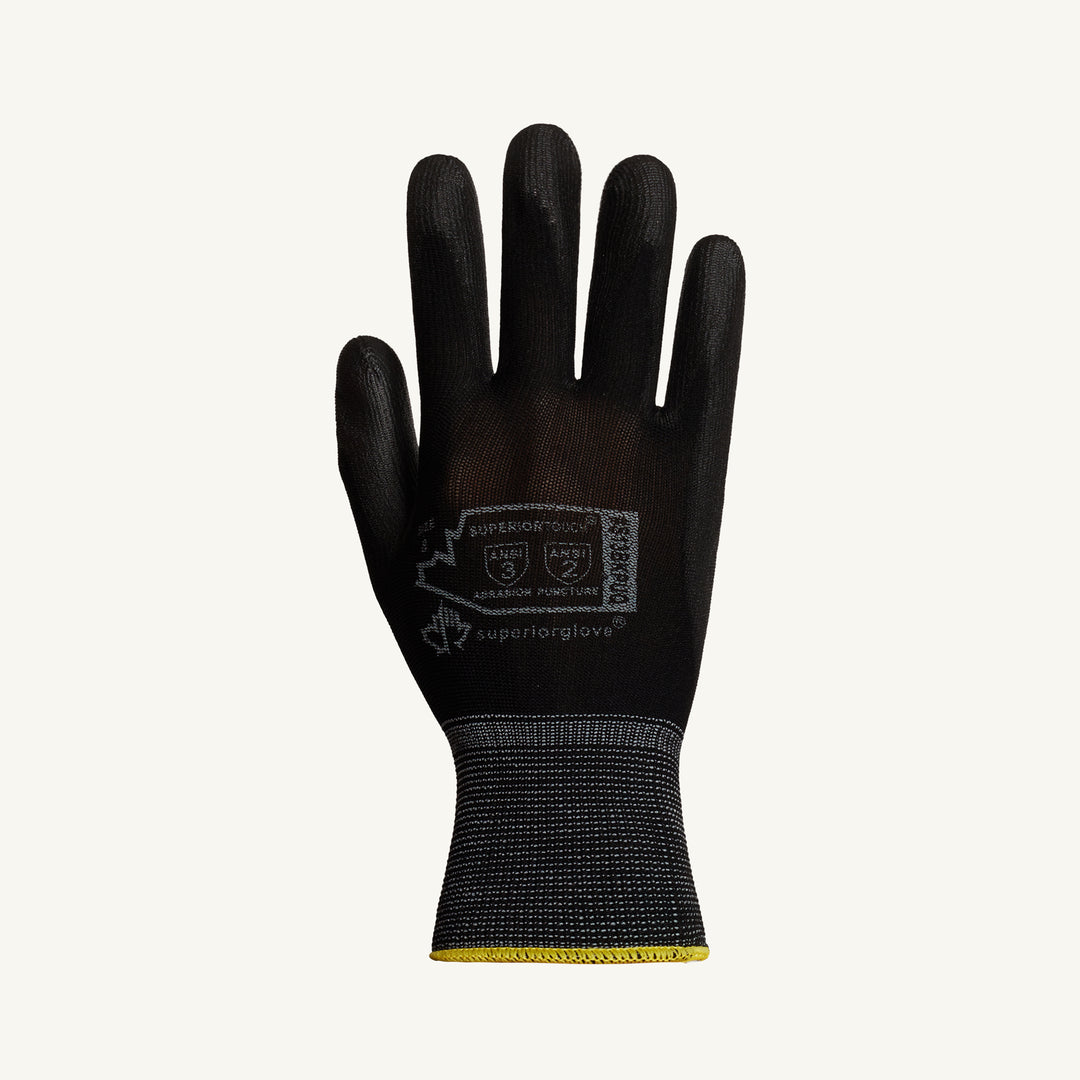 Black nylon glove from Superior Glove with seamless knit design and polyurethane-coated palm for enhanced grip.