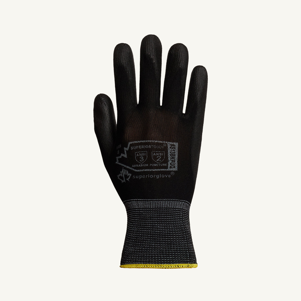 Black nylon glove from Superior Glove with seamless knit design and polyurethane-coated palm for enhanced grip.