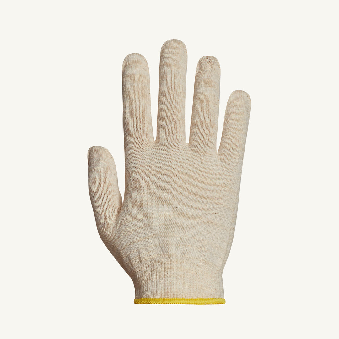 Superior Glove S13CL/M Sure Knit string knit gloves with 13-gauge cotton and Lycra stretch fit, shown in close-up detail.