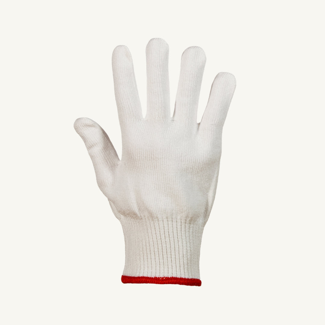 White Superior Glove Arctic knit string 13-gauge Comfortrel poly winter glove liner, shown from the top view.
