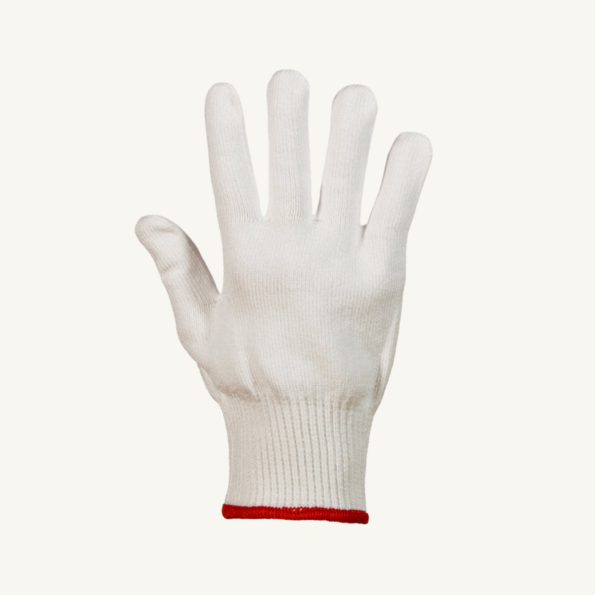 White Superior Glove Arctic knit string 13-gauge Comfortrel poly winter glove liner, shown from the top view.
