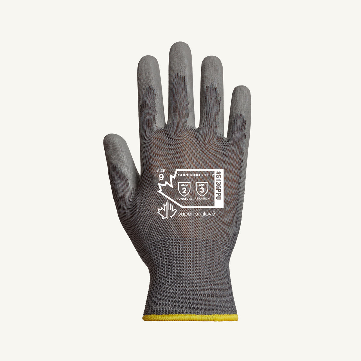 Superior Glove work gloves with 13 gauge polyester and polyurethane palm, medium size, showing the textured grip surface.