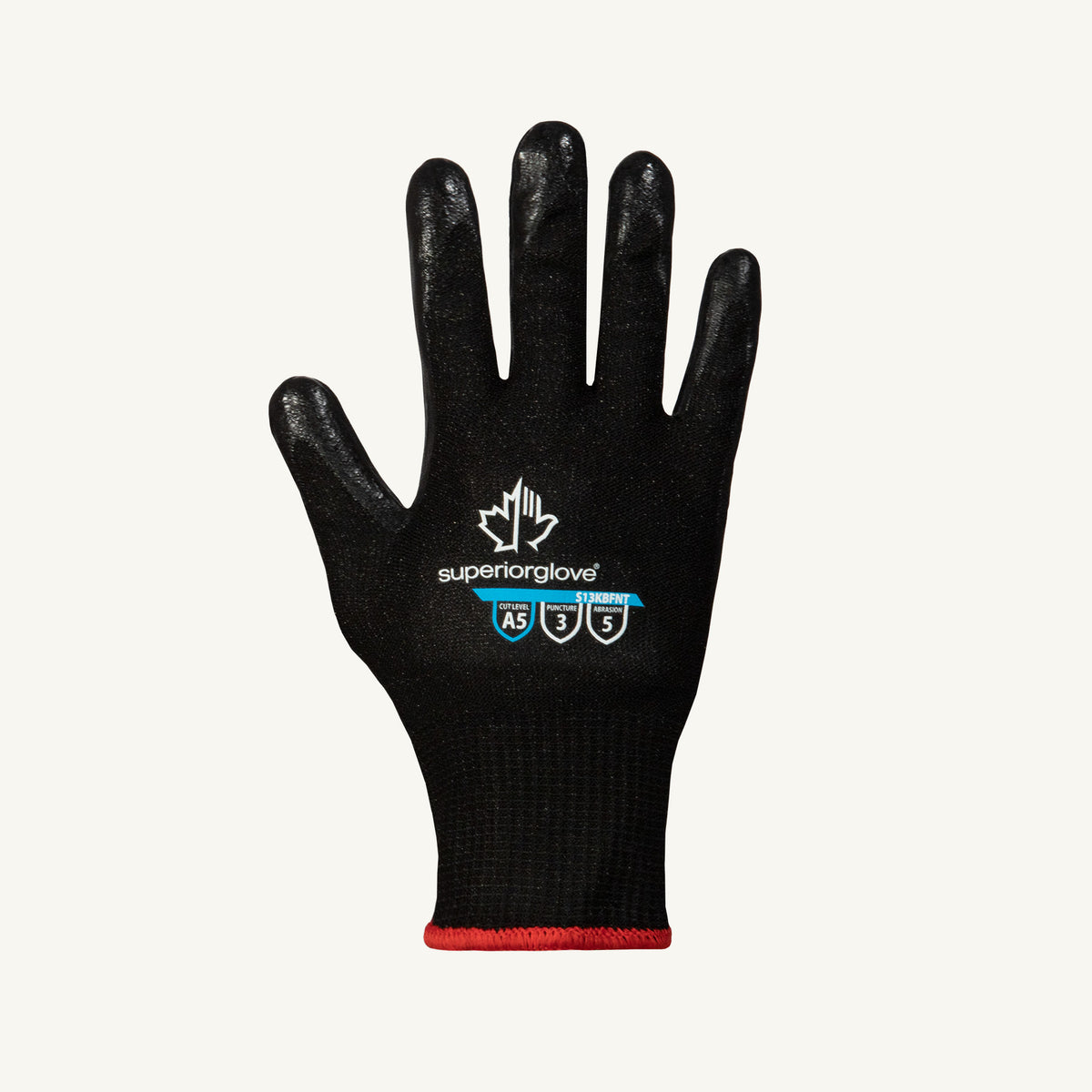 Superior Glove Emerald CX S13KBFNT11 reusable 13 gauge nylon and stainless steel gloves with foam nitrile palms in black, size 11.