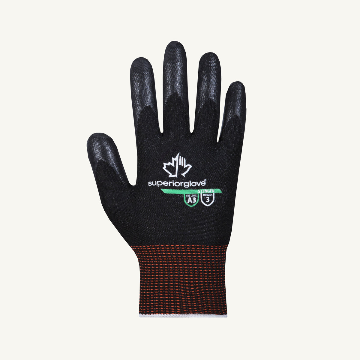Superior Glove S13NGFN-12 dexterity glove with black filament fibers and foam nitrile palm for ANSI A3 cut protection.