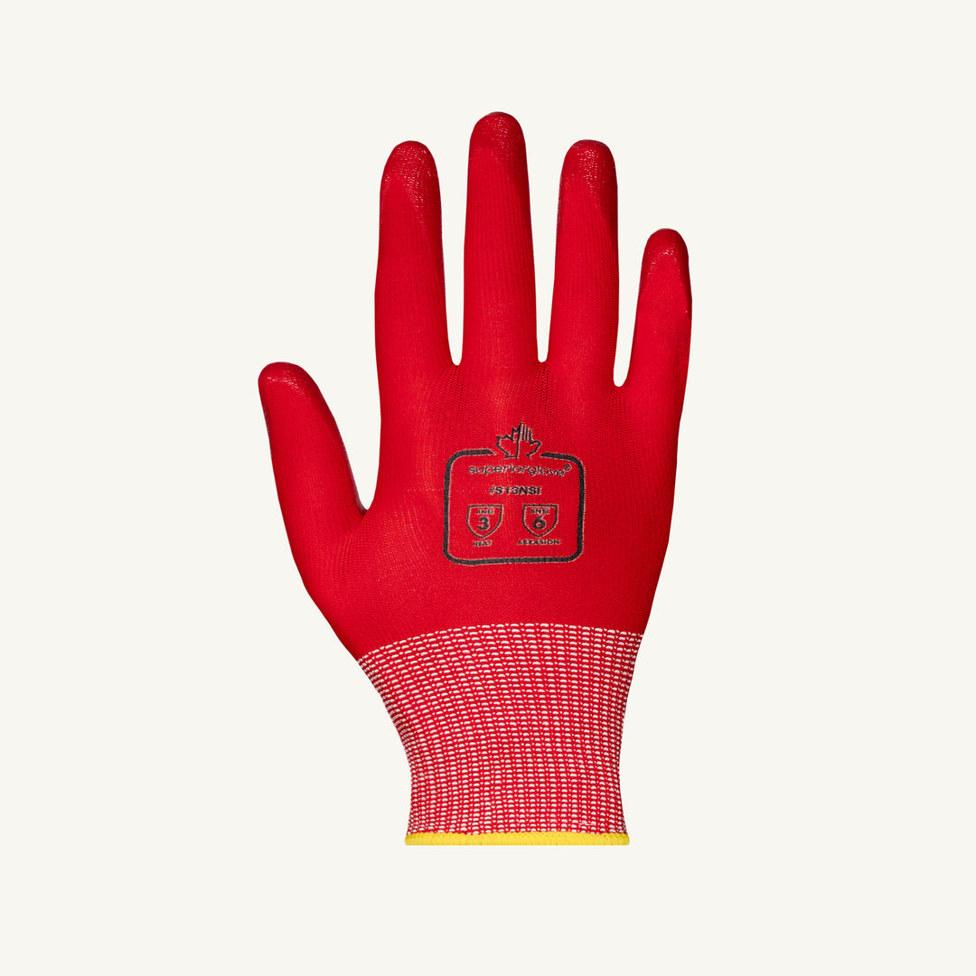 Superior Glove S13NSI-6 seamless nylon glove with silicone palm coating, designed for dexterity and protection against heat, puncture, and abrasion