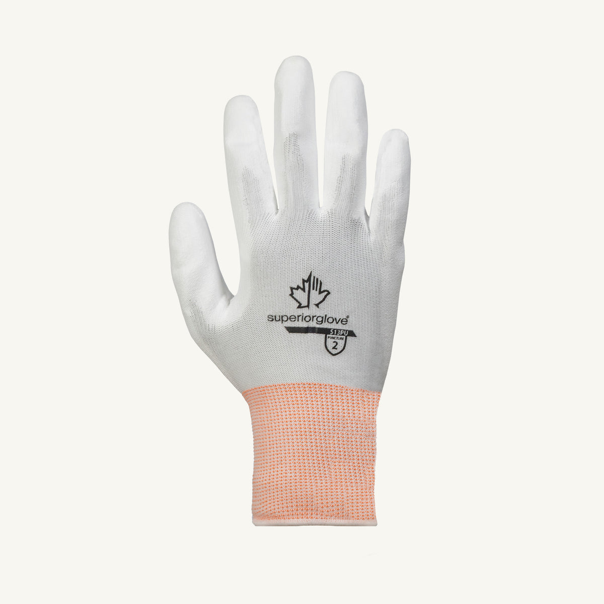 White nylon knit glove with white PU palm coating from Superior Glove, CFIA approved, model S13PU-9, designed for hand protection.