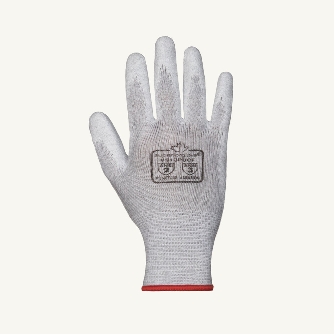 Superior Glove S13PUCF-5 anti-static string poly/carbon filament glove with polyurethane palm coating, shown from the top view.
