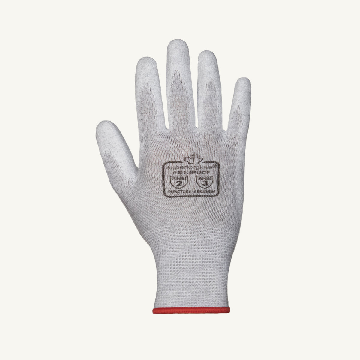 Superior Glove S13PUCF-5 anti-static string poly/carbon filament glove with polyurethane palm coating, shown from the top view.