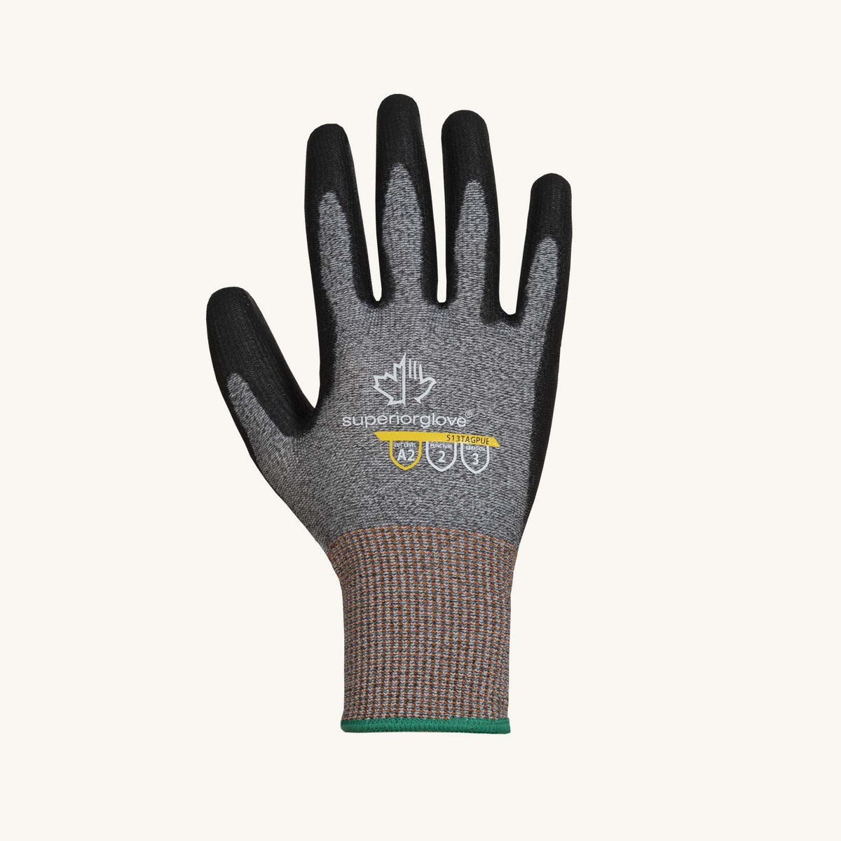 Black Superior Glove TenActiv S13TAGPUE-6 reusable 13-gauge gloves with polyurethane-coated palms, size 6, showing the gloves on a white background.