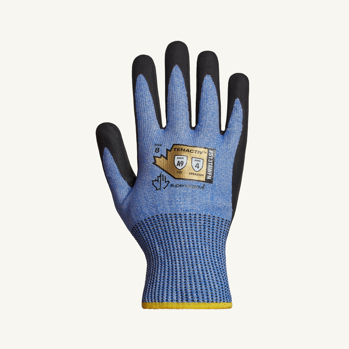 Superior Glove Tenactiv Blue 13G knit glove with foam nitrile palm, cut-resistant ANSI A9, featuring wire core for industrial safety.