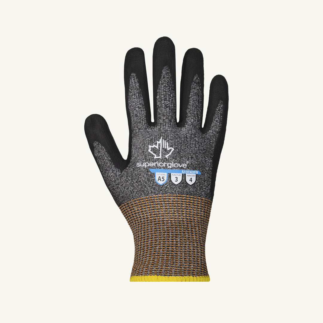 Superior Glove Tenactiv CX black string knit glove with foam nitrile palm, 13ga HPPE/steel blend, ANSI A5 cut resistance.