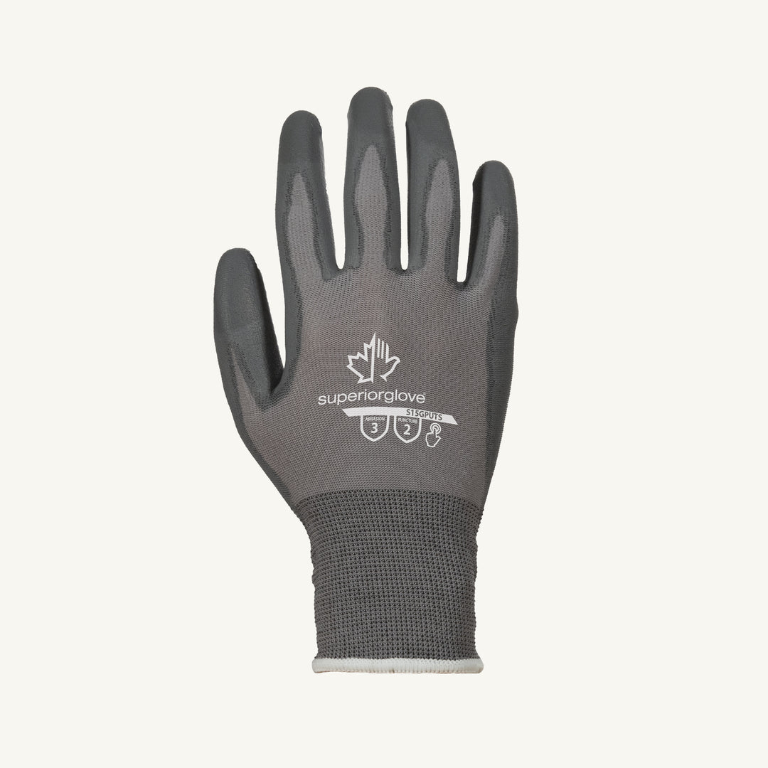 Superior Glove S15GPUTS-8 grey nylon glove with PU palm coating and touchscreen compatibility, displayed on a plain background.