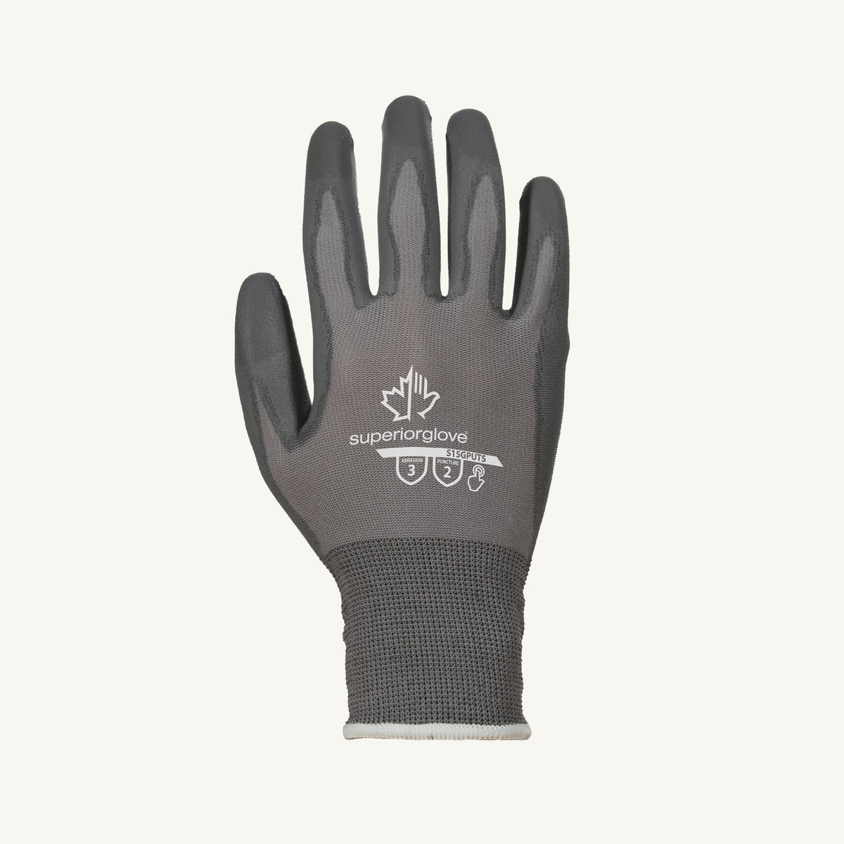 Superior Glove S15GPUTS-8 grey nylon glove with PU palm coating and touchscreen compatibility, displayed on a plain background.