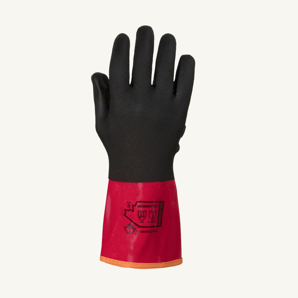 Superior Glove S15KGVNVIB9 blended 15-gauge aramid glove with PVC nitrile overdip and Vibrastop palm, ANSI A5 cut protection, 30cm length.