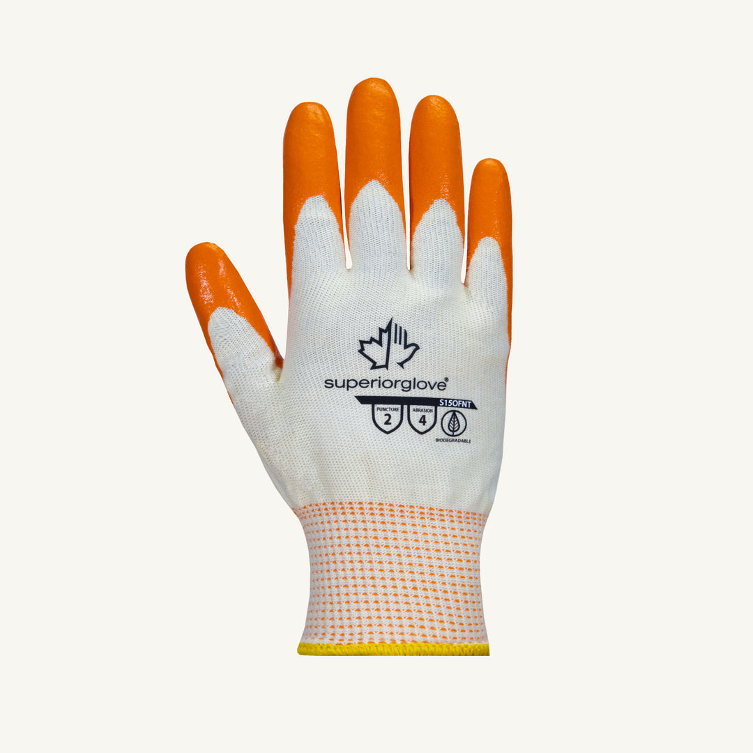 Superior Glove S15OFNT-8 seamless 15-gauge knit cotton glove with orange foam nitrile palm coating for dexterity and grip.