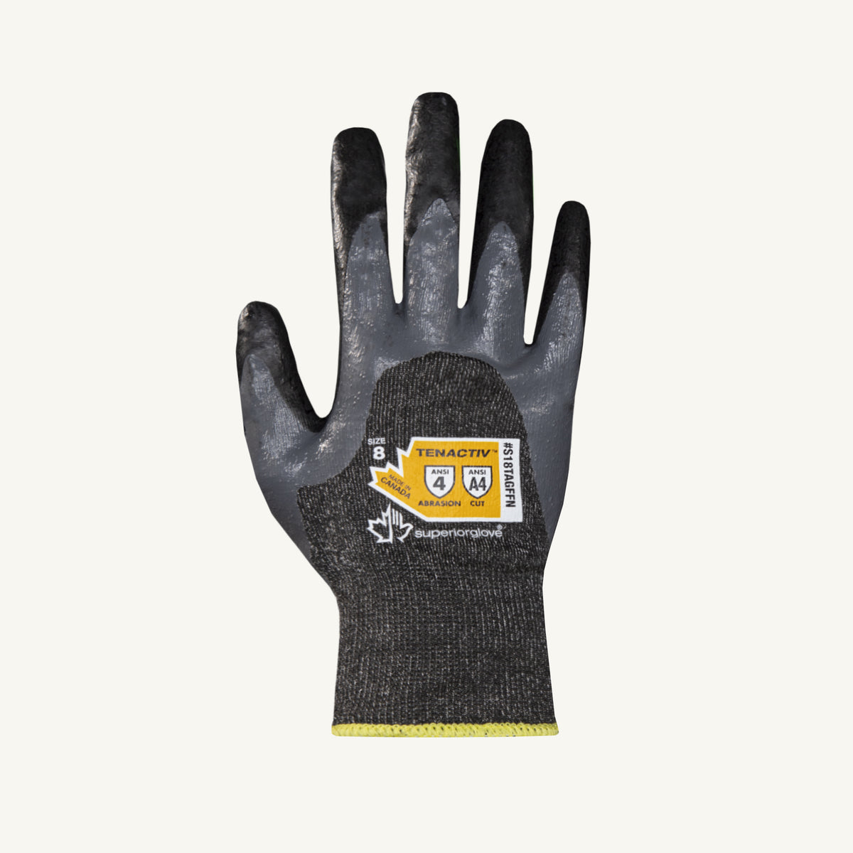 Superior Glove Tenactiv S18TAGFFN12 high-performance fiber glove with nitrile coating and foam nitrile palm for ANSI A4 protection.