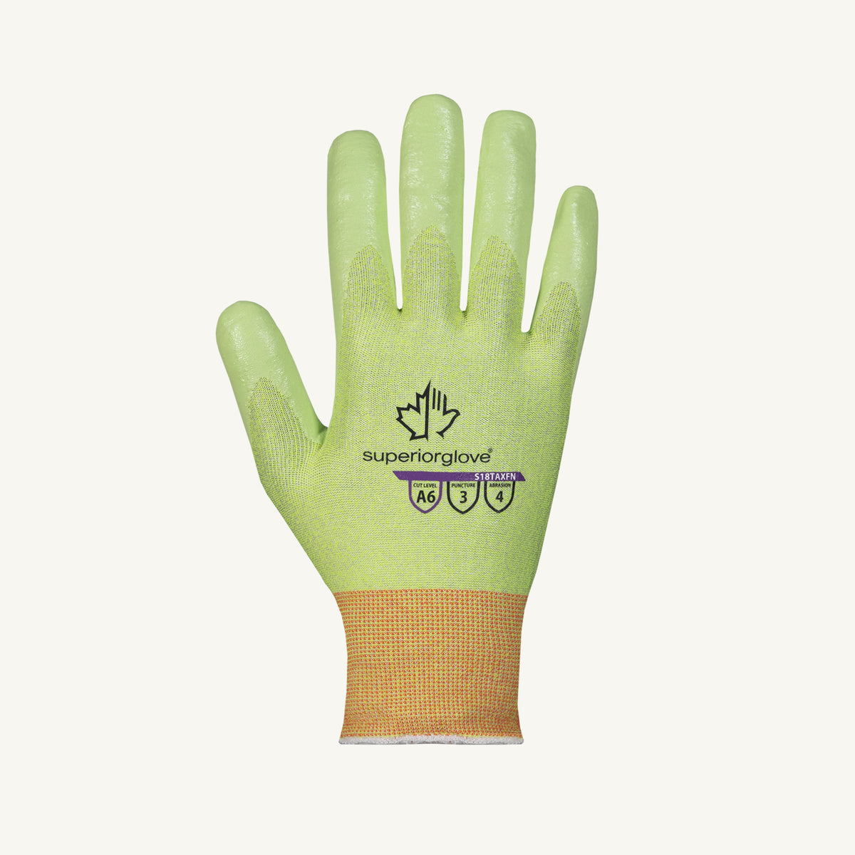 Superior Glove Tenactiv Hi-Viz Knit 18Ga blended glove with steel foam nitrile palm and ANSI A6 safety rating, shown from the top view.