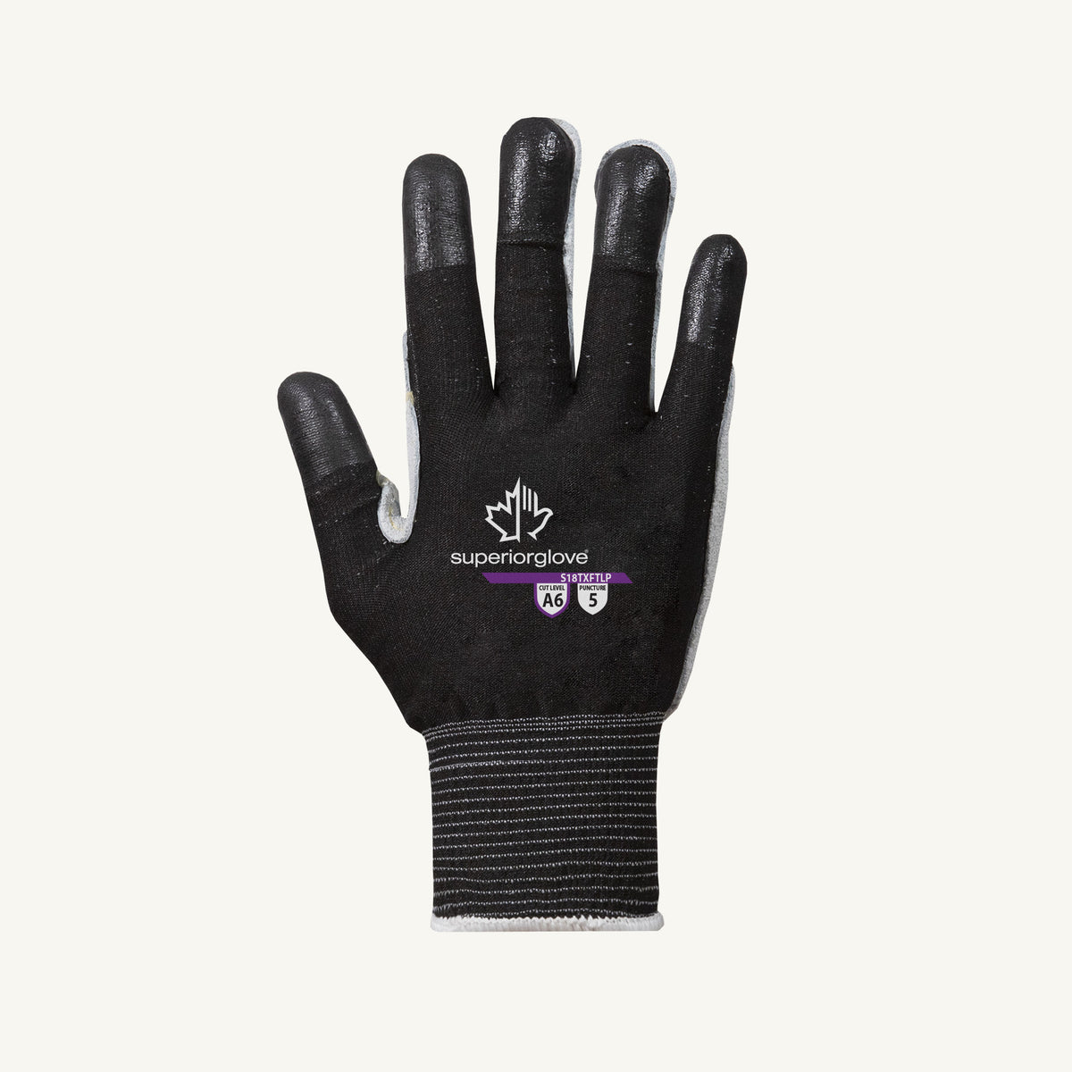 Superior Glove Tenactiv 18Ga string knit nitrile gloves with leather palm, metal mesh, and puncture-resistant A9 cut protection.