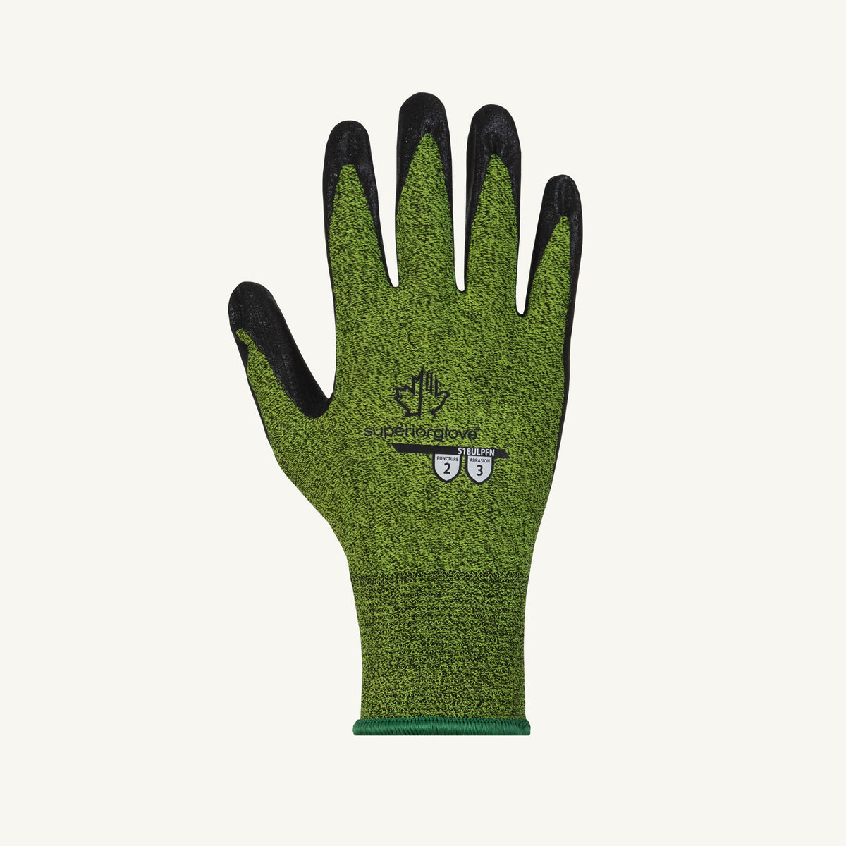 Superior Glove S18ULPFN-5 ultra-light knit poly glove with foam nitrile palm, ANSI puncture and abrasion resistance, top view