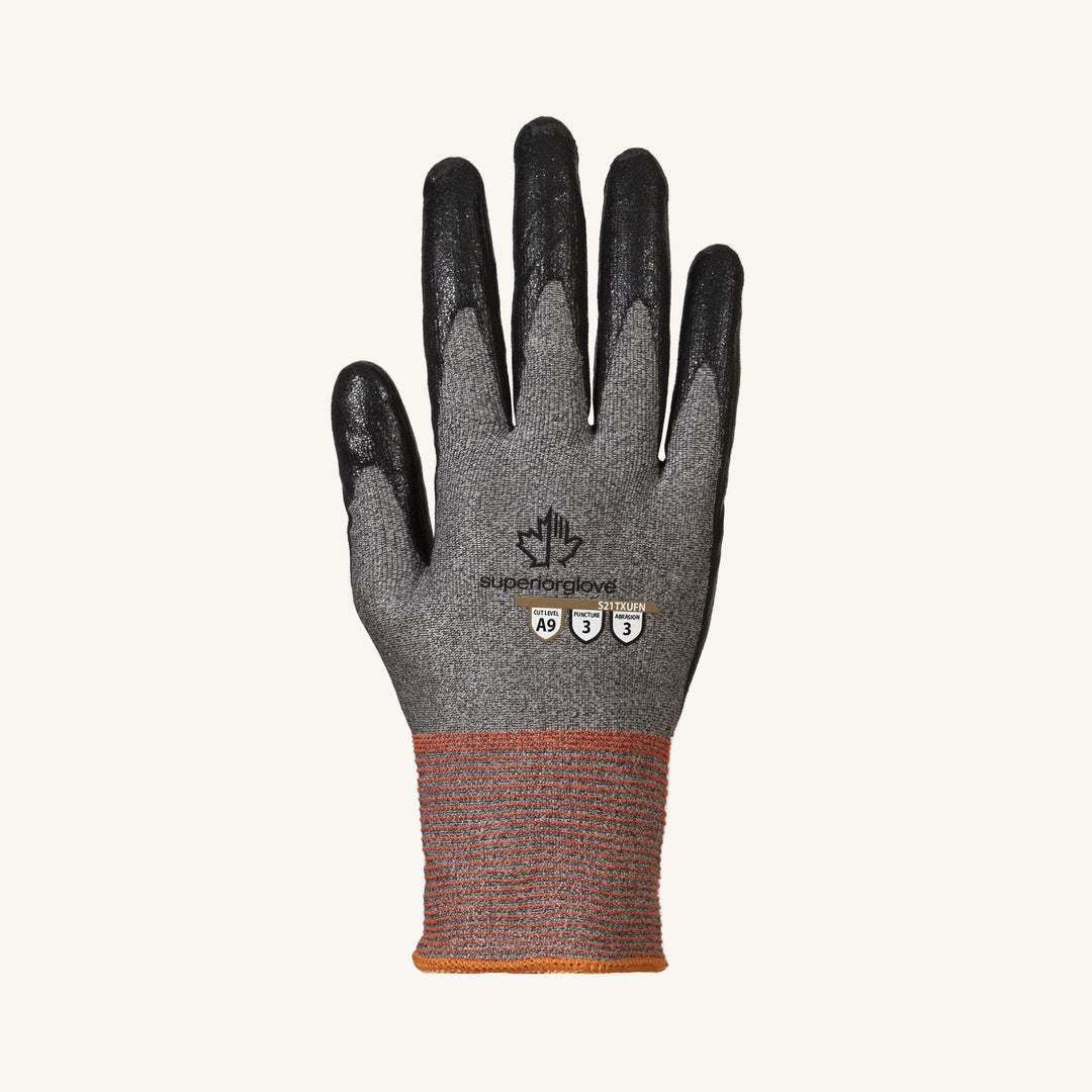 Superior Glove Tenactiv 21Ga blended foam nitrile palm glove with ANSI A9 cut resistance, ultra-light and breathable for safety.