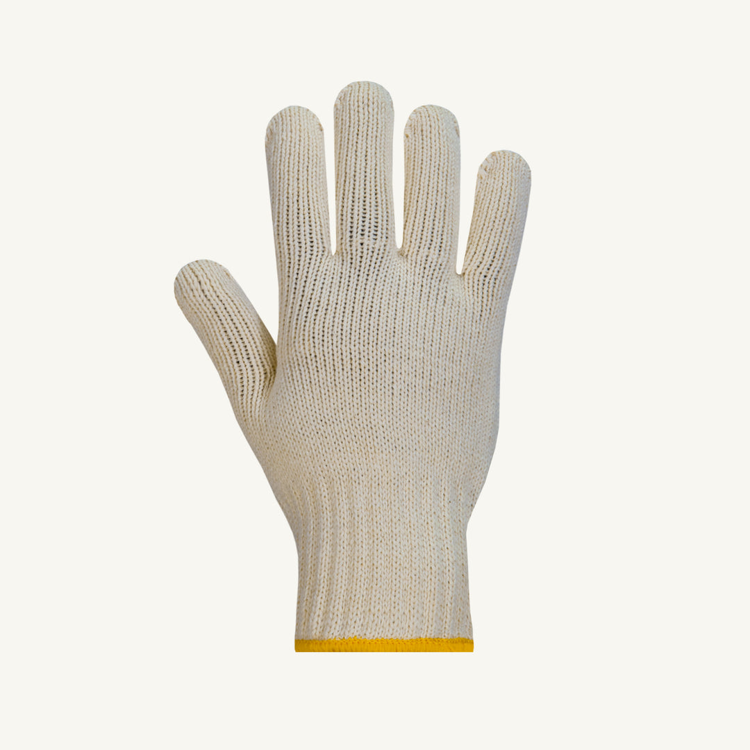 Superior Glove Sureknit SCV840 string knit cotton glove with 100% virgin cotton, showing the textured wrist and finger areas.