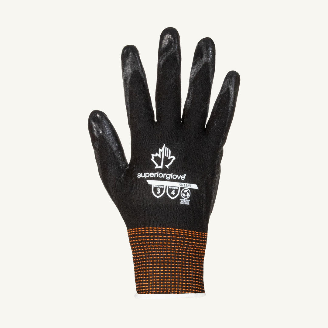 Superior Glove SN15NT-11 dexterity string-knit polyester glove with nitrile palm coating, showing the glove&