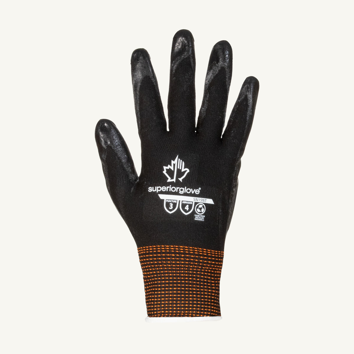 Superior Glove SN15NT-11 dexterity string-knit polyester glove with nitrile palm coating, showing the glove's textured palm and knitted wrist.