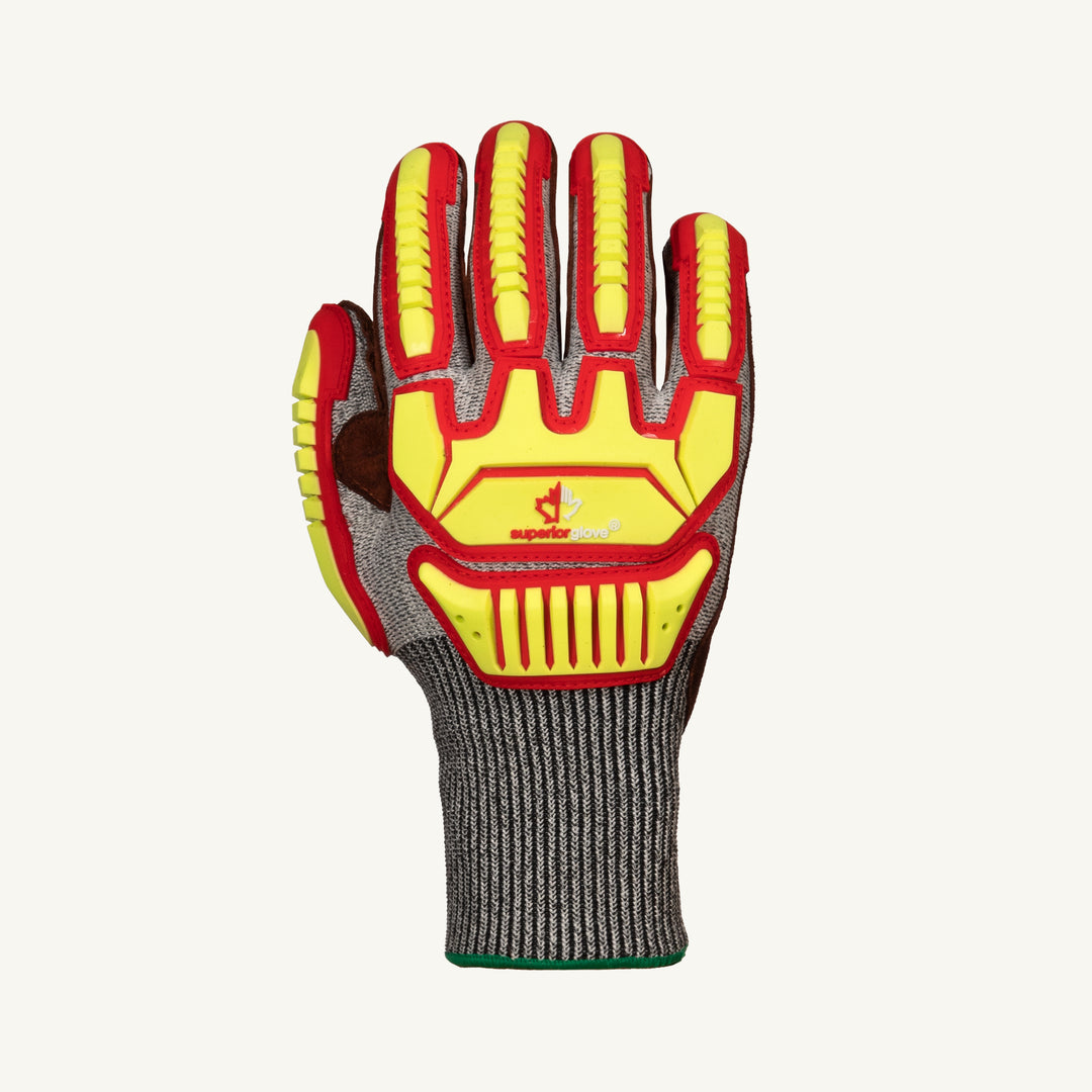 Superior Glove Tenactiv 13Ga blended knit glove with oilbloc leather palm and TPR backing, ANSI cut level 5 puncture protection.