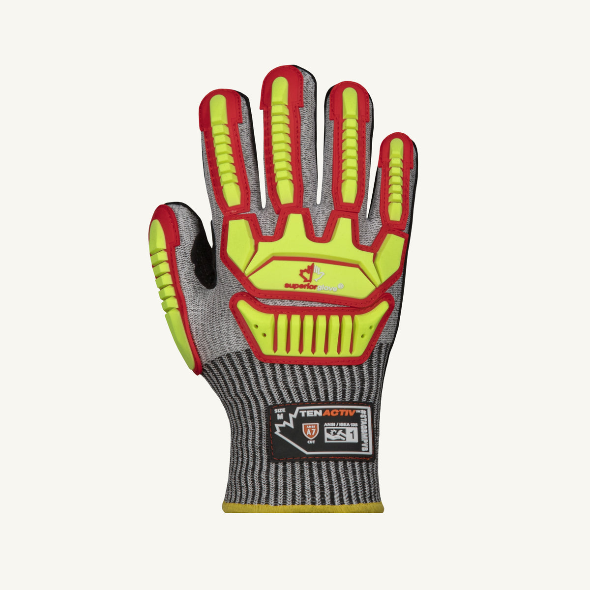 Superior Glove Tenactiv 13-gauge blended microfiber leather palm and TPR backing work glove, ANSI A7 cut and puncture resistant.