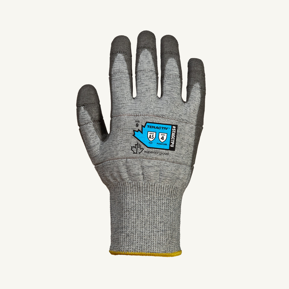 Superior Glove Tenactiv 13G blended knit glove with tear-away fingertips and PU palm, ANSI A5 safety rating, controlled tear-away tips