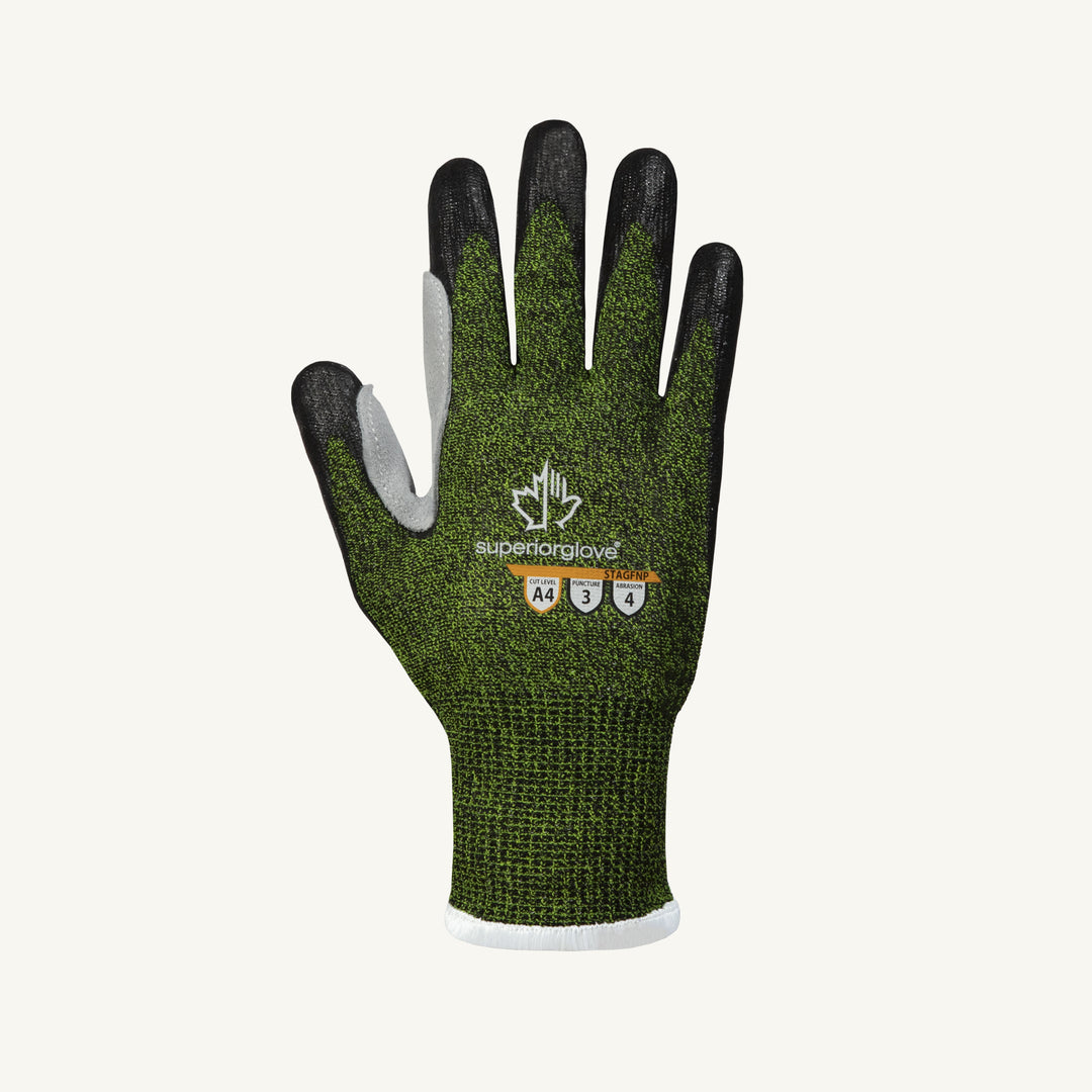 Superior Glove Tenactiv Hi-Viz cut-resistant glove with foam nitrile coating and leather patches on palm for safety and durability.