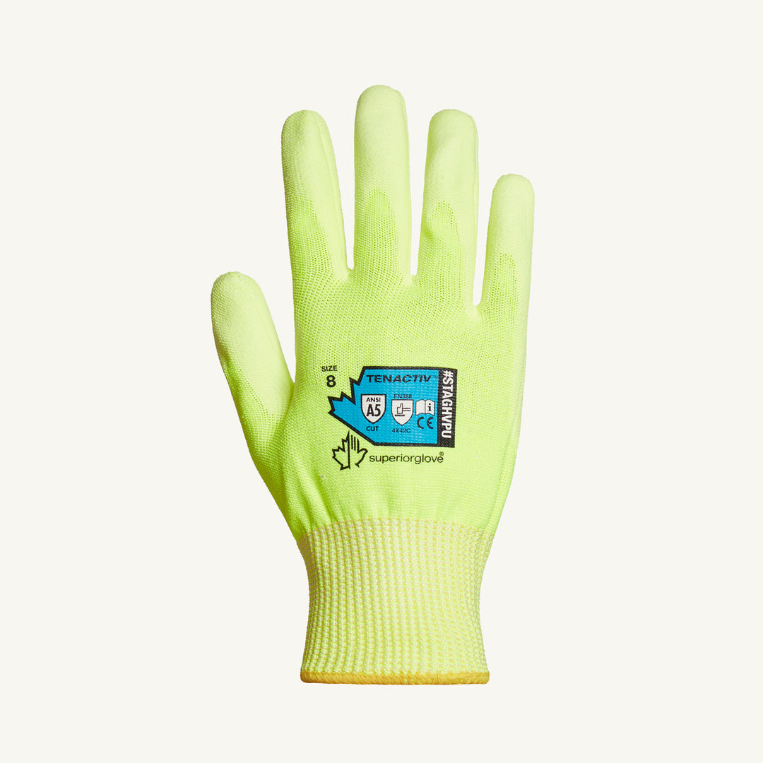 Superior Glove TenActiv Hi-Viz composite knit gloves with polyurethane coated palms, size 10, for enhanced grip and visibility.