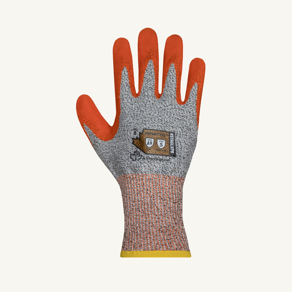 Superior Glove Tenactiv knit puncture-resistant glove with latex-coated palm and punkban lining, showing the textured palm and A9 back.