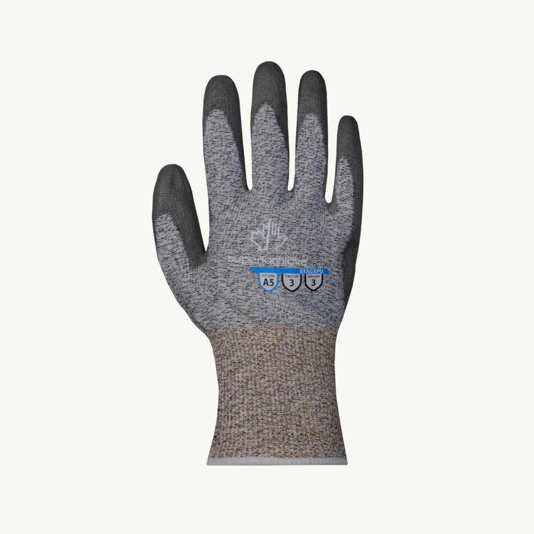 Superior Glove Tenactiv CX gloves with 13-gauge blended yarn, polyurethane palm coating, ANSI A5 cut resistance, shown on a hand