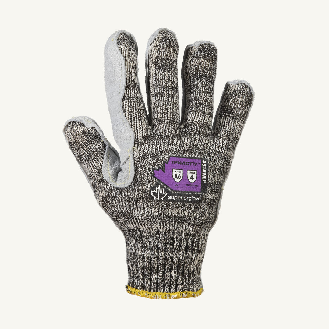 Superior Glove STAWLP/L string knit glove with steel blend split leather palm, 7 gauge Tenactiv, ANSI 4 puncture resistance, top view.